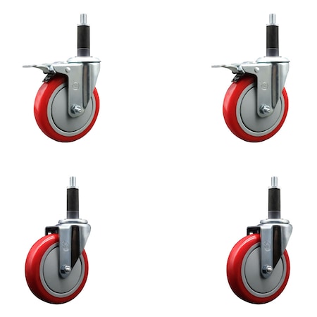 Service Caster 5'' Red Poly Swivel 1'' Expanding Stem Caster Set 2 Total Lock Brakes, 4PK SCC-EXTTL20S514-PPUB-RED-2-S-2-1